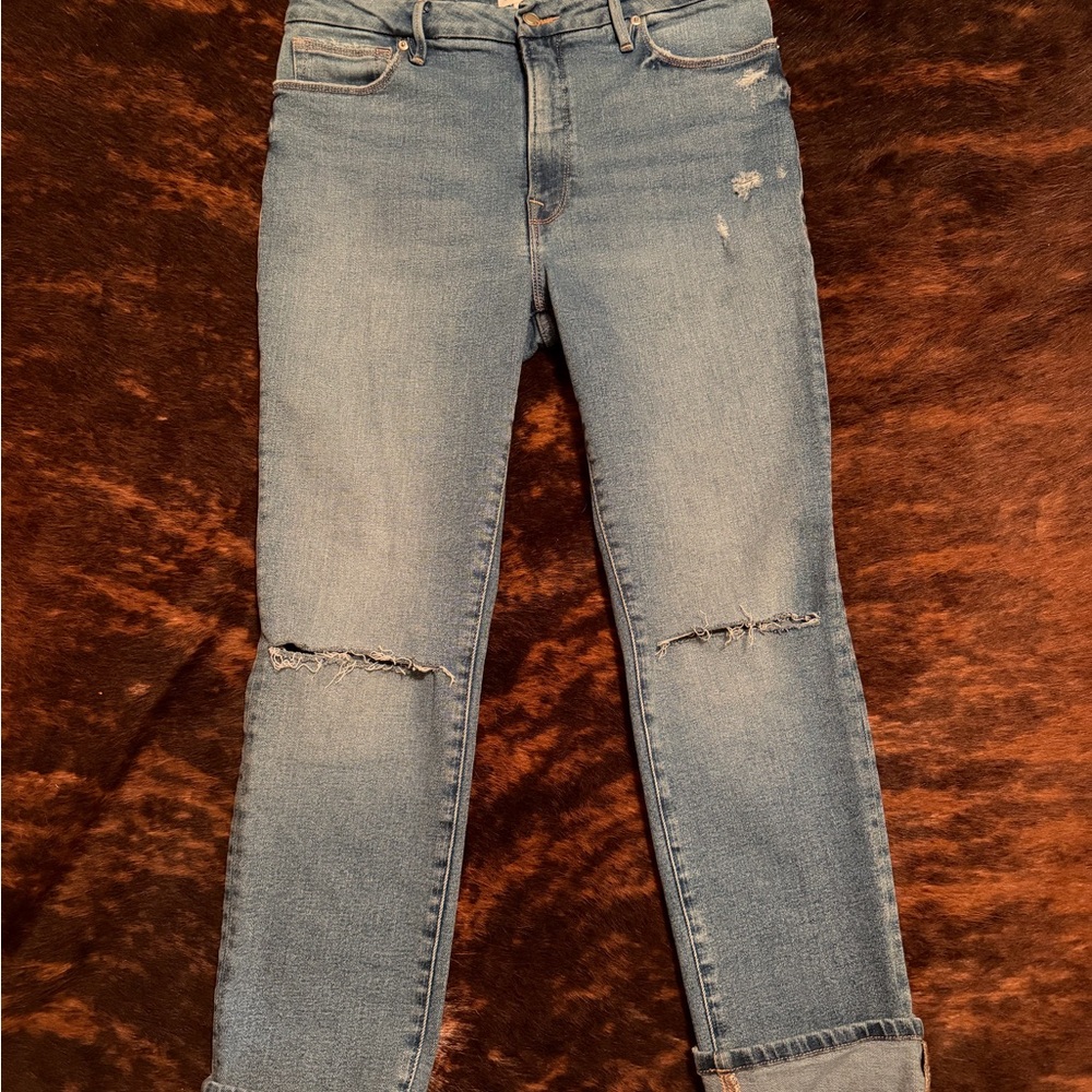Good American Good Classic Light Blue Distressed Straight Leg Jeans